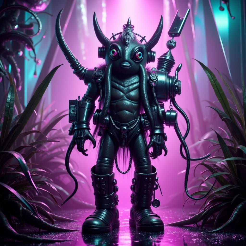 Bumbling Alien Bounty Hunter in Neon Jungle