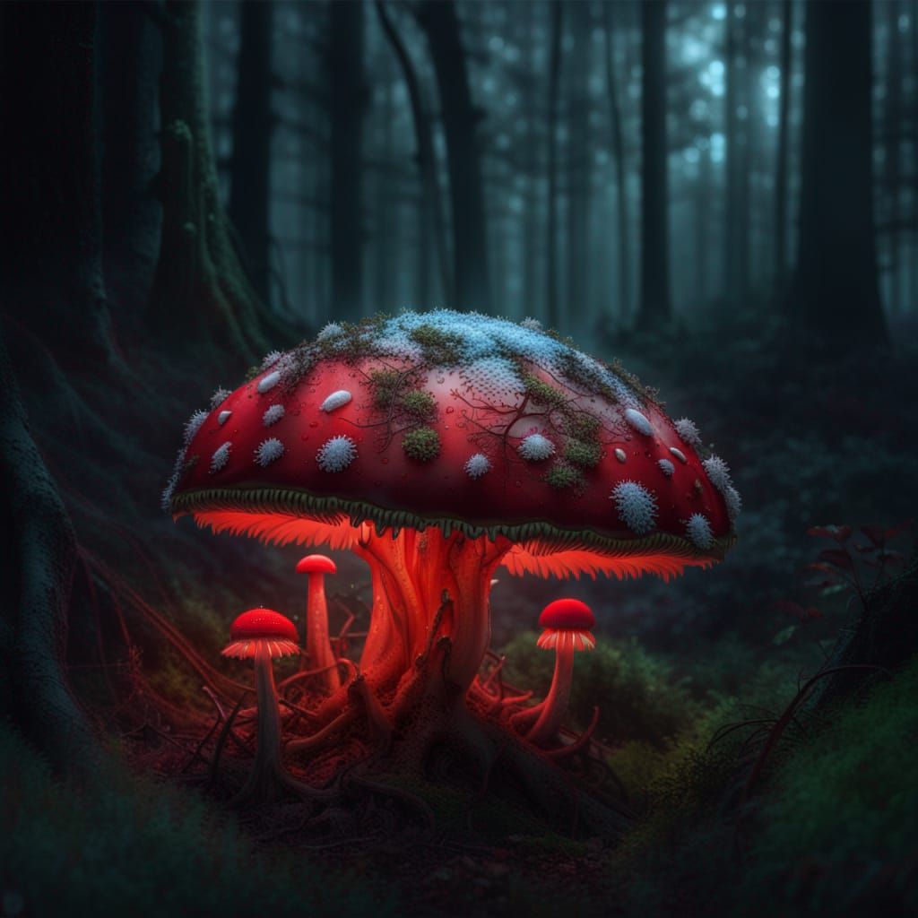 Neon Fly Agaric in Cyberpunk Forest