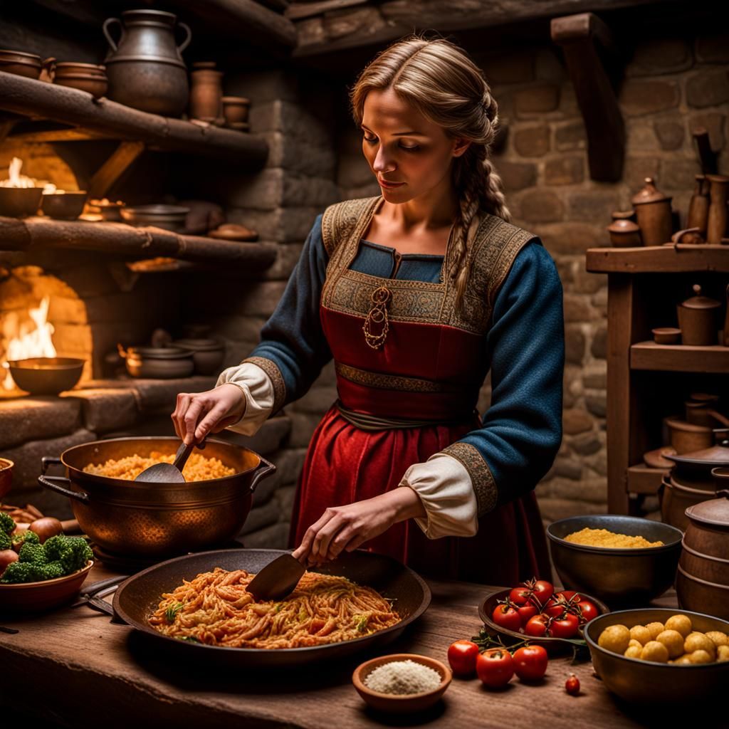 Medieval Peasant Woman in Castle Kitchen