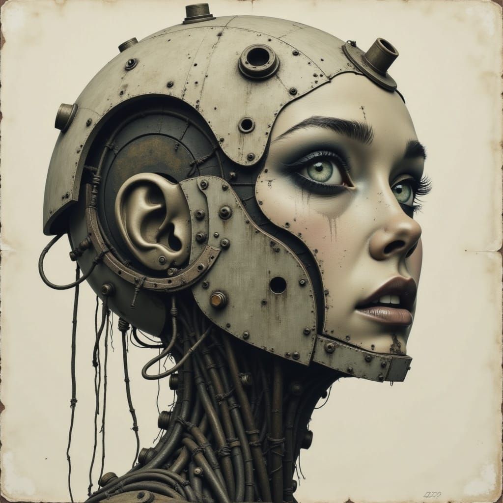 Surreal Dreamscape of Human Robot Hybrid in Gritty Art Style