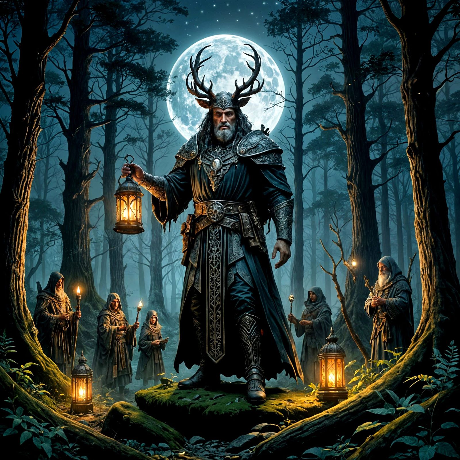 Druids Brew Potions in Moonlit Forest