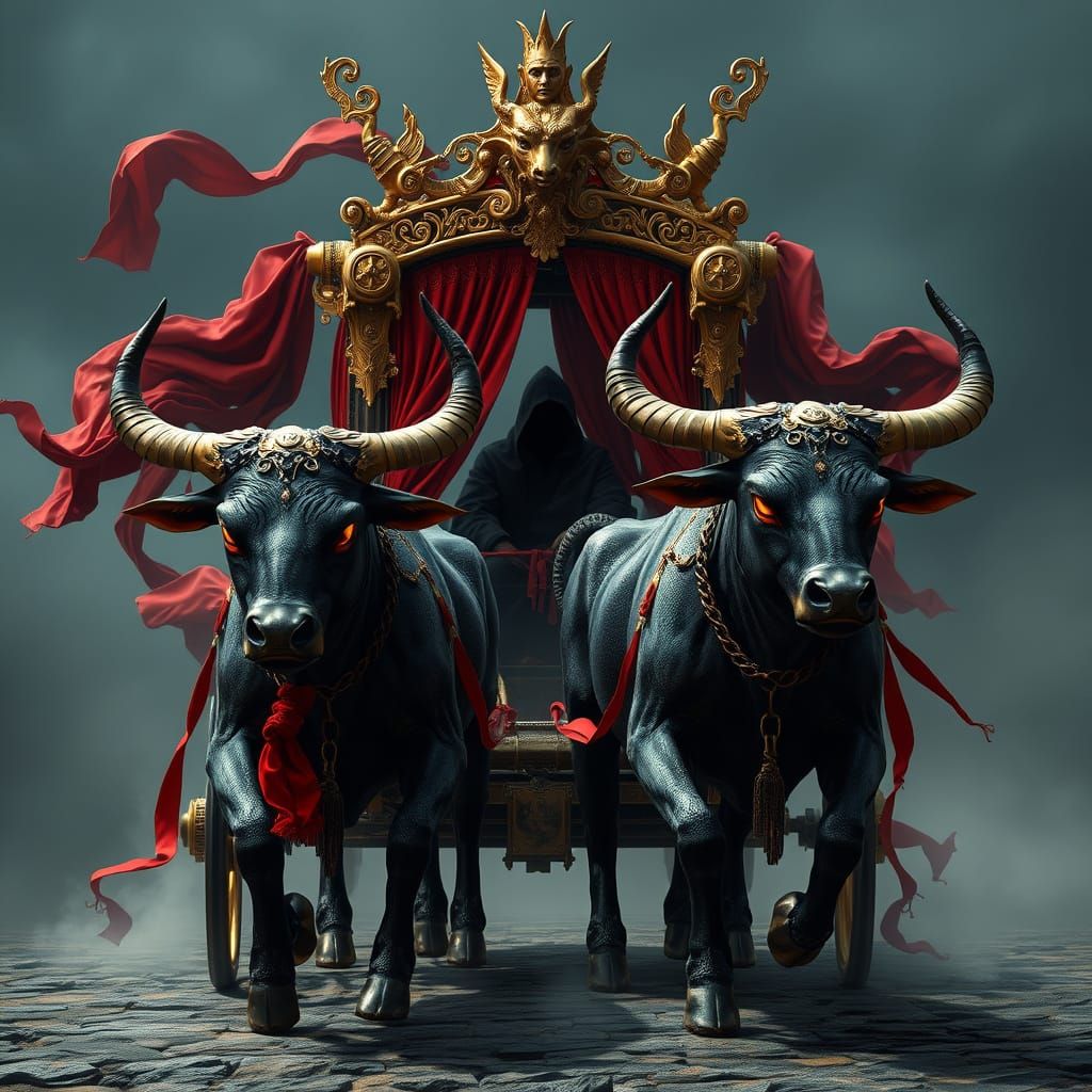 Demonic Bulls Pull Heian Carriage with Hooded Silhouette