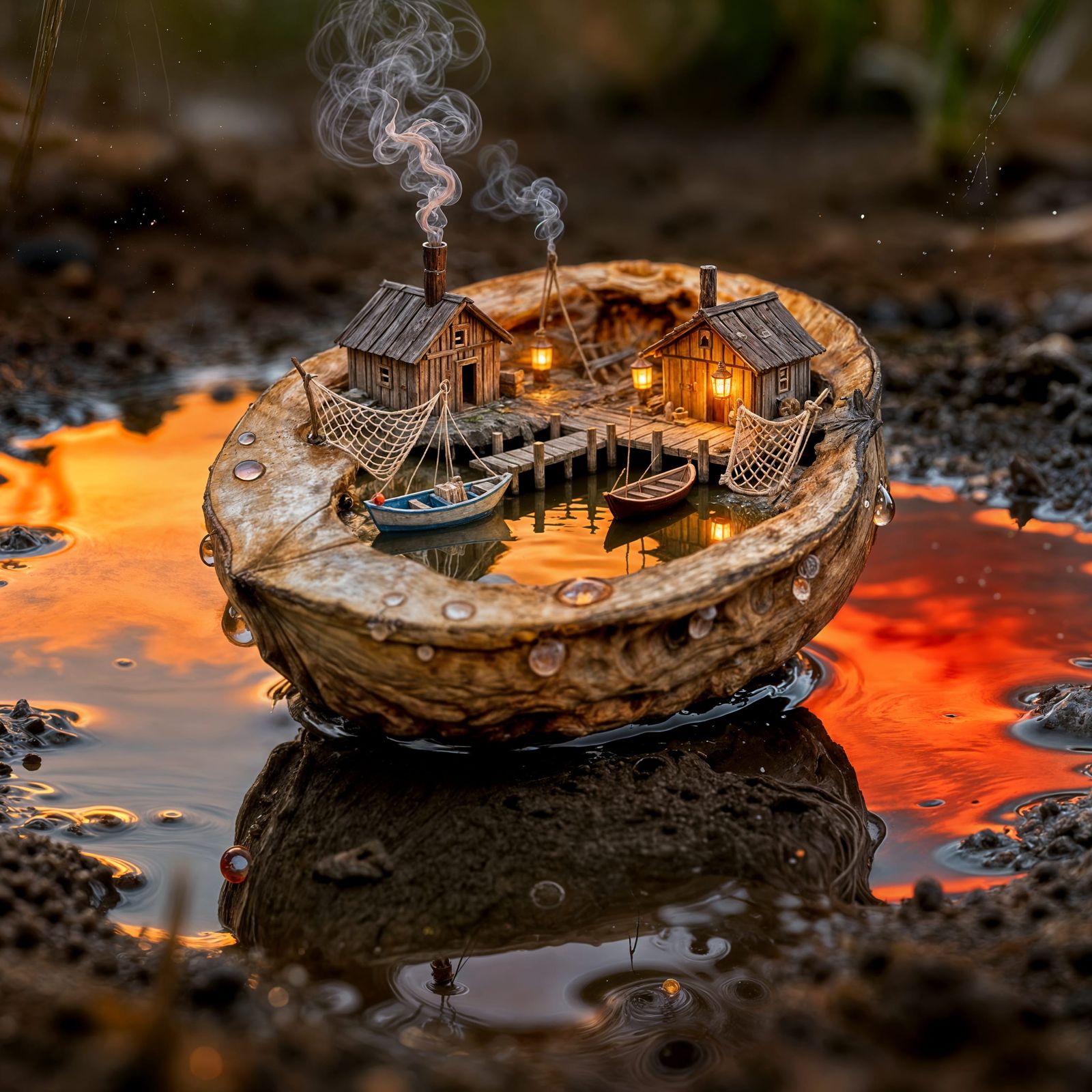 Hyper-Realistic Macro Photo of Walnut Shell Fishing Village