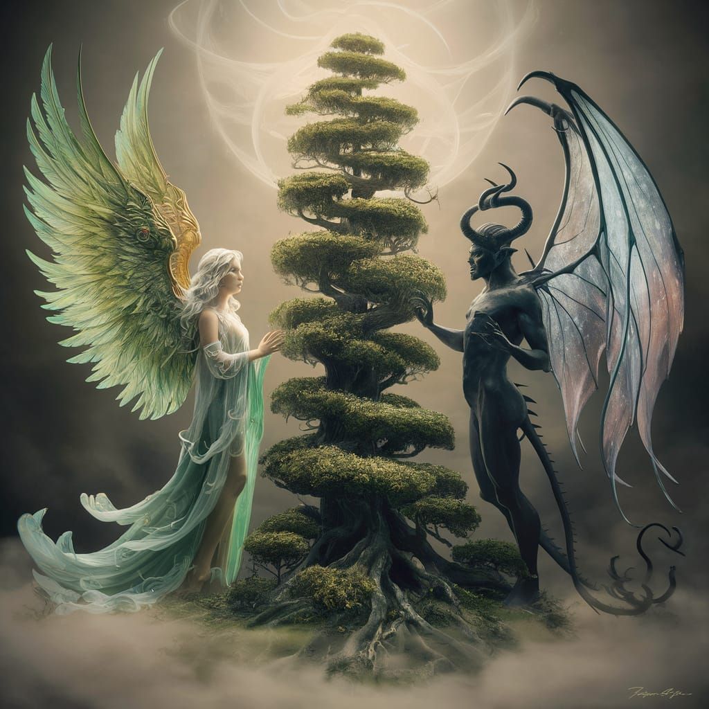 Celestial Tree of Life with Angel and Demon