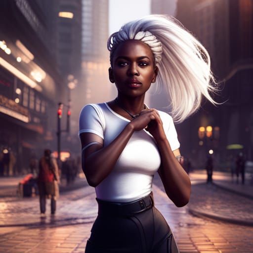Young Black Girl with White Hair on Street