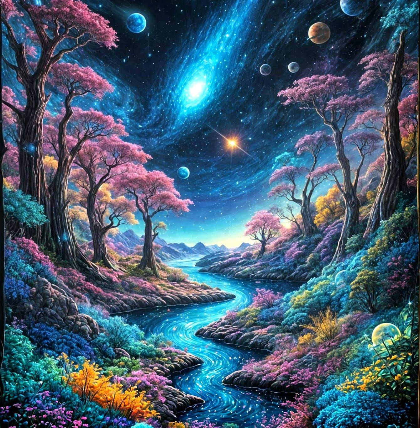 Cosmic Tapestry: Bioluminescent Galactic Landscape