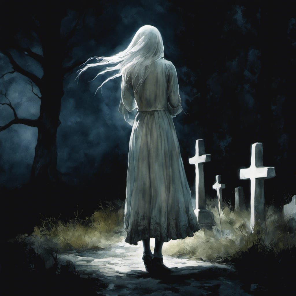 Ethereal Woman in Shadowy Graveyard: Watercolor Style
