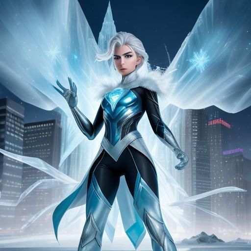 Cinematic Female Superhero with Silver Hair and Ice Powers