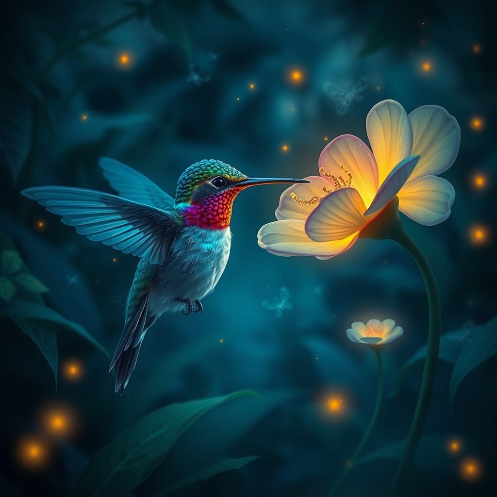 Surreal Jungle Scene with Bioluminescent Hummingbird and Glo...
