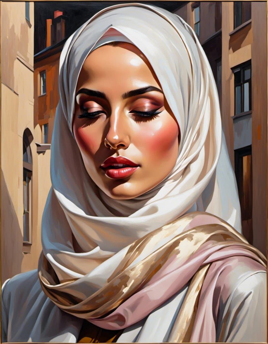 Hijabi Woman with Closed Eyes in Oil Painting