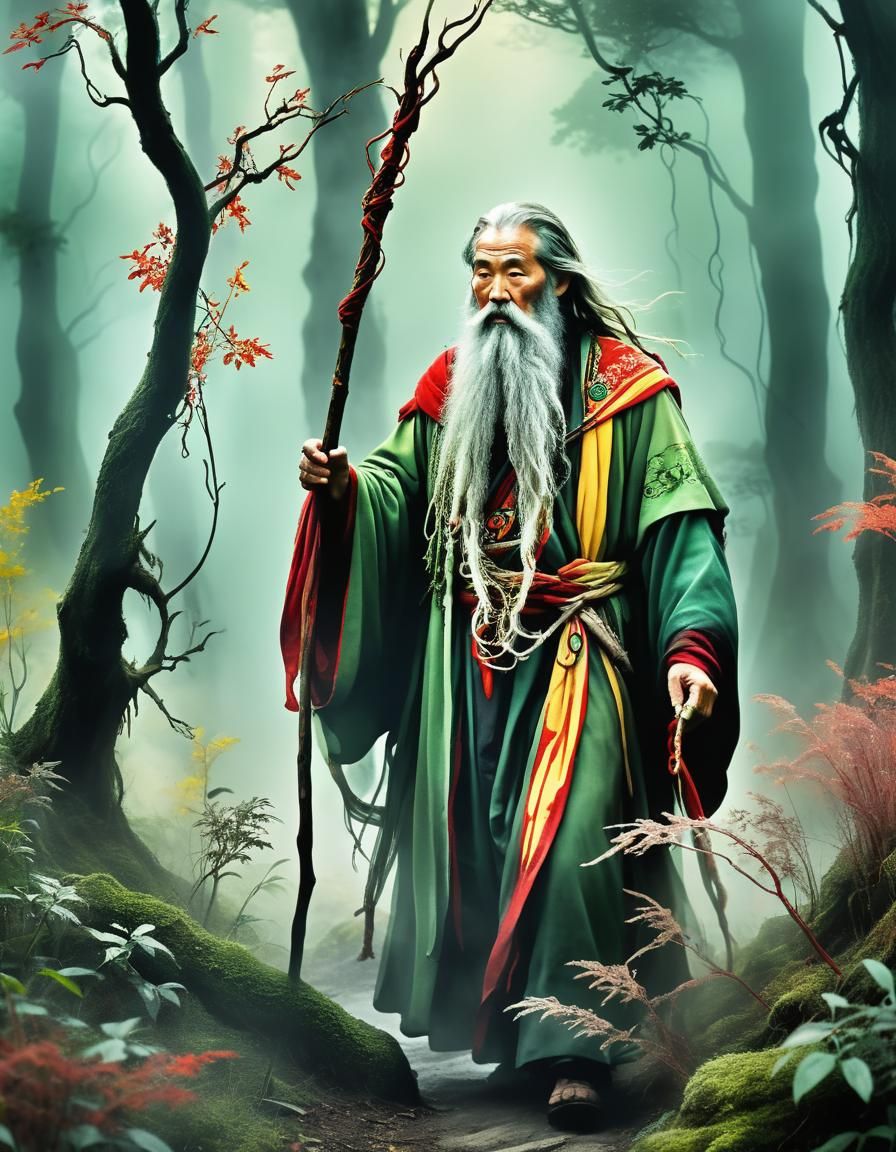 Mystical Sage in Misty Forest: Divine Art