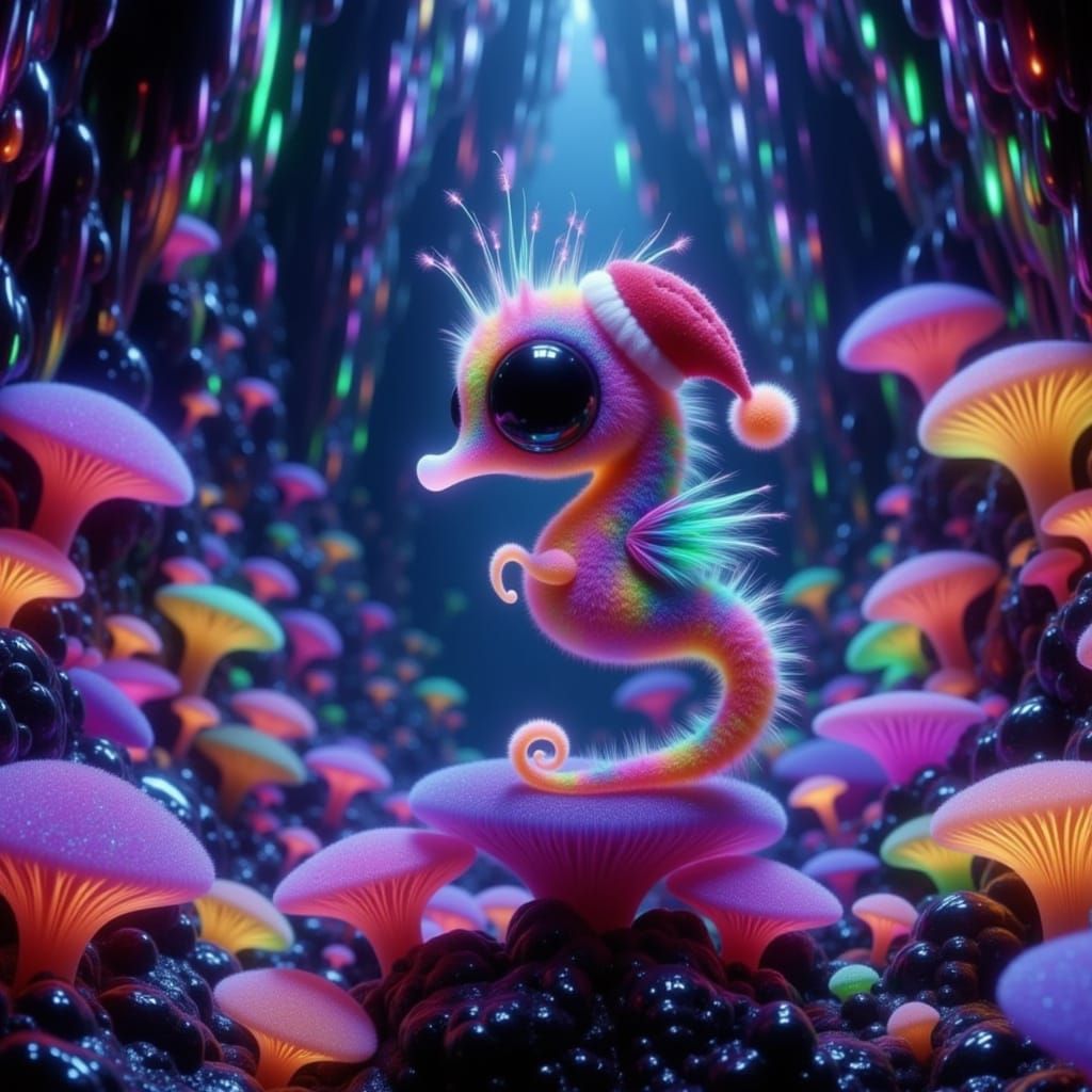 Tiny Iridescent Christmas Creature in Alien Cave