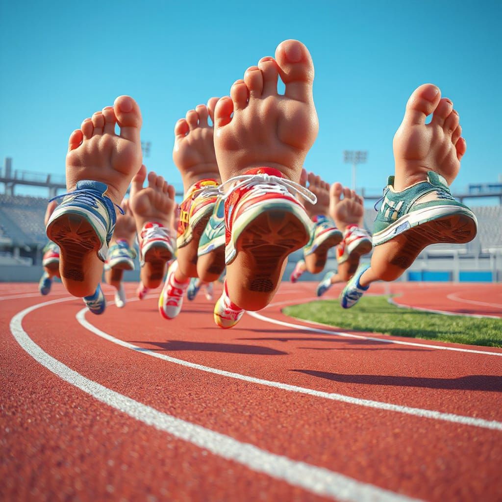 Surreal Athletics Scene with Oversized Feet