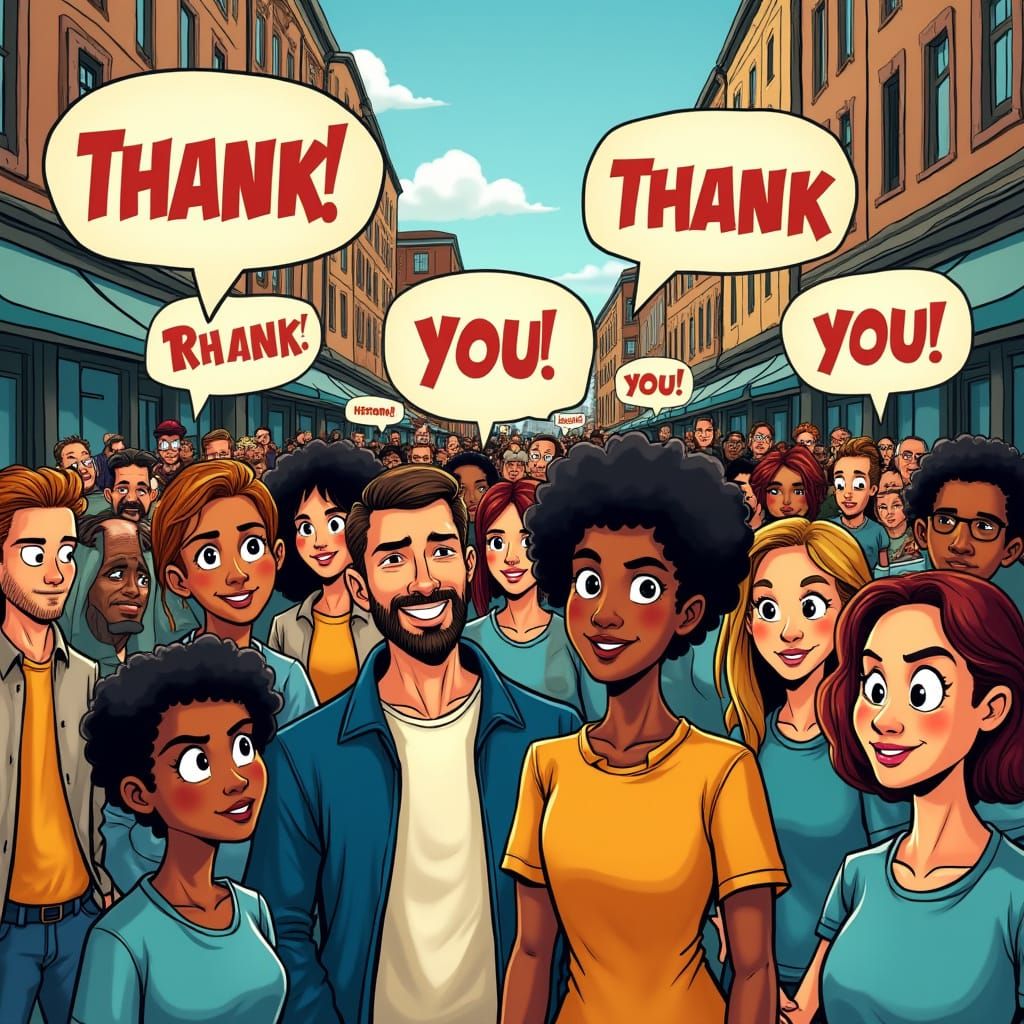 Comic Book Crowd Expressing Gratitude with Text Bubbles