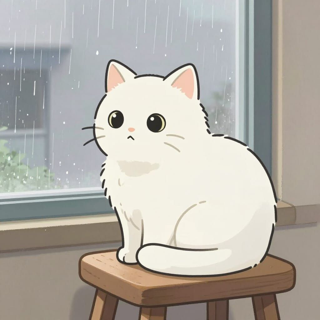 Fluffy White Cat Gazing at Rain in Soft Pastel Tones