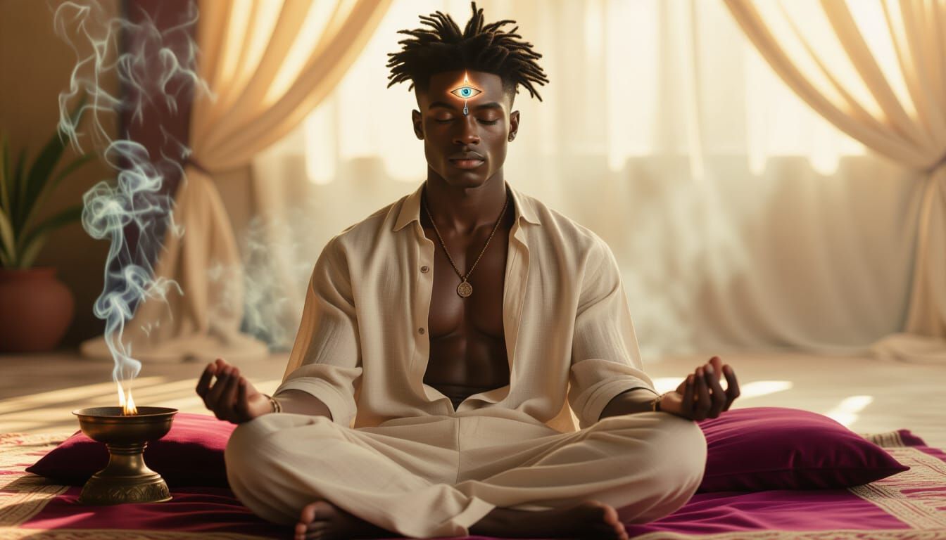 Serene Man Meditating With Third Eye Opening