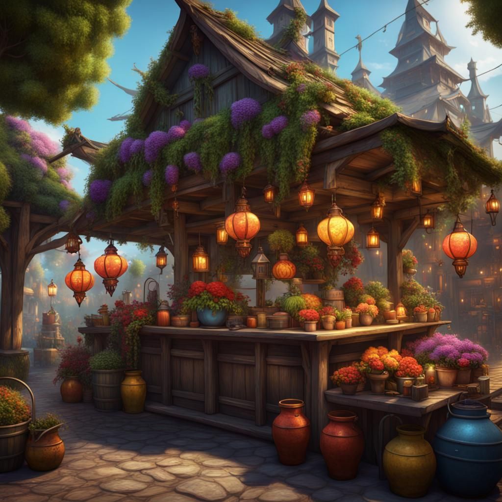 Fantasy Merchant in a Colorful Village Fair