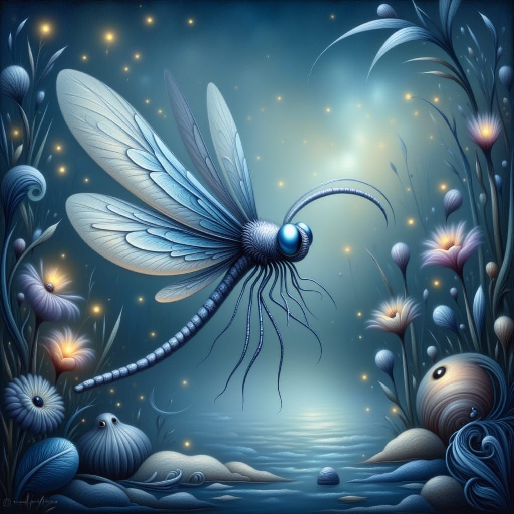 <lora:-Distorted Whimsy-:1.0> gingham print Magical Dragonfly: "An ethereal dragonfly with shimmering blue and white gin...