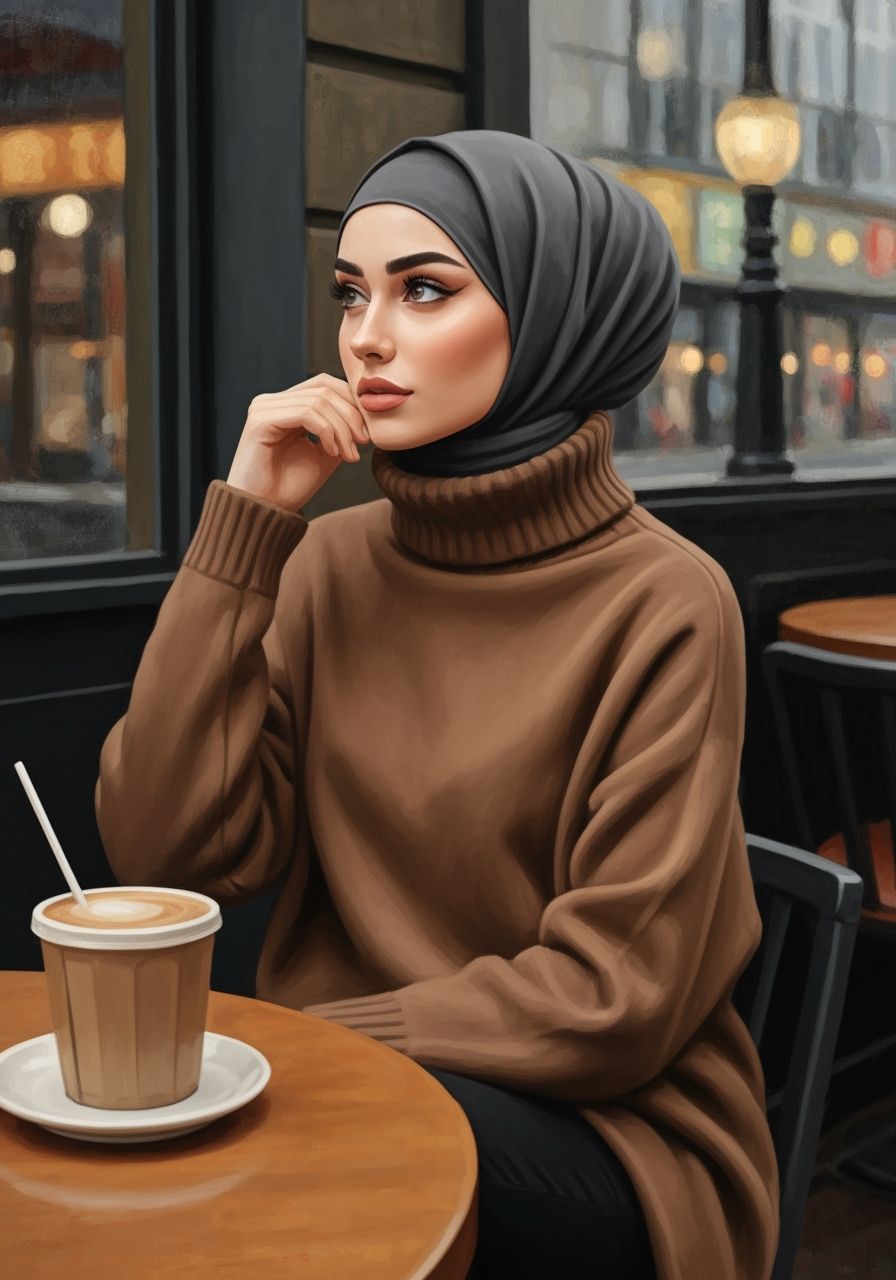 Woman in Hijab at Cozy Cafe: Oil Gouache Painting