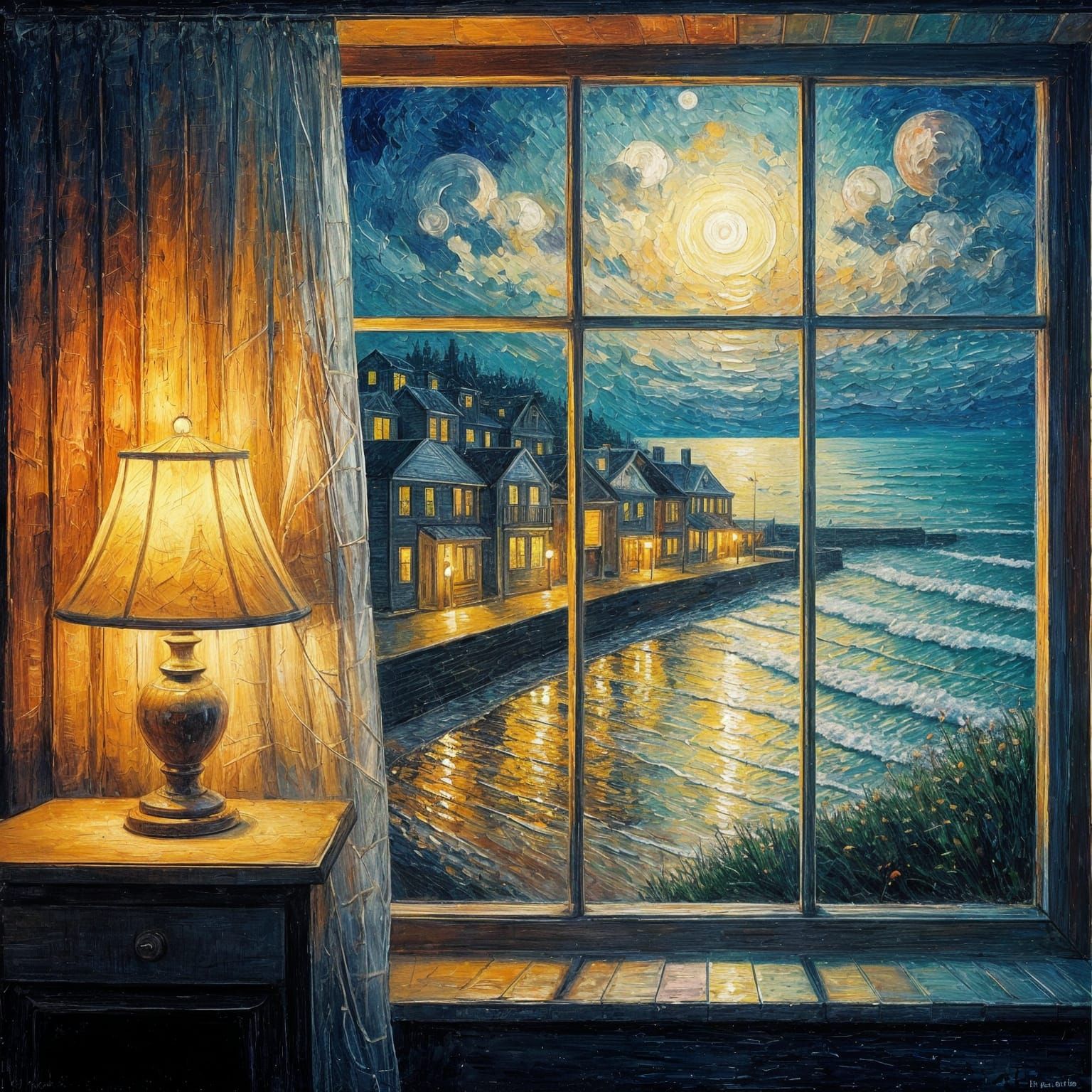 peaceful 1950's seaside night unfolds under soft lamplight.
