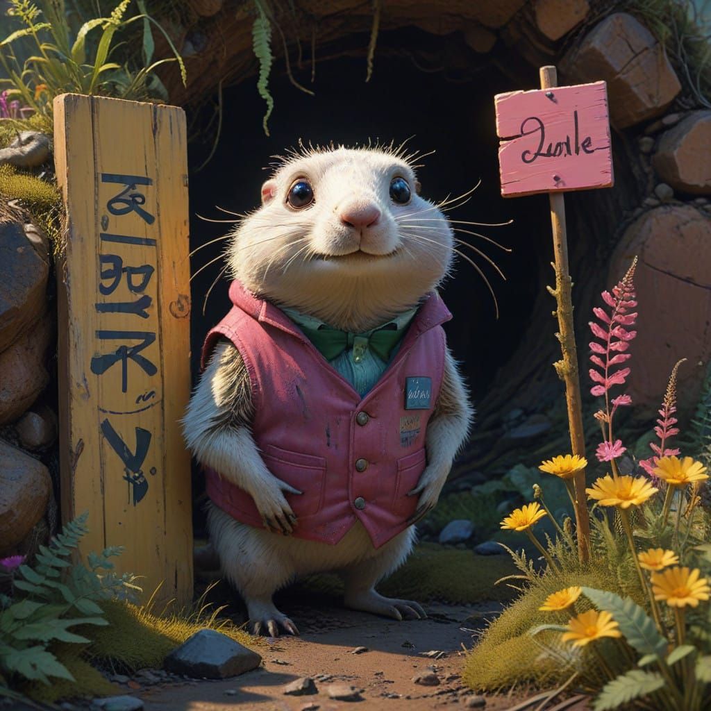 Mole in Earth-Toned Waistcoat Pokes Head Out of Cozy Hole wi...