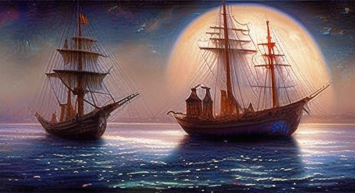 Majestic Wooden Ship Sailing Under Starry Sky