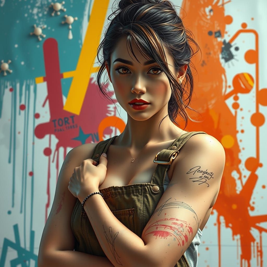 Poised Woman in Painter's Overalls: Manga-Inspired Portrait