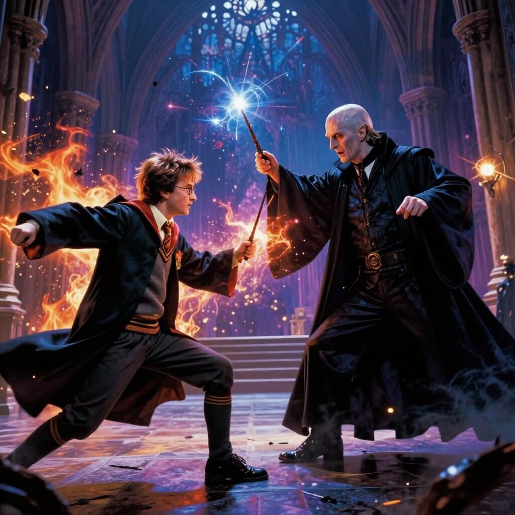 Harry Potter's Epic Magical Duel with Voldemort in Hogwarts