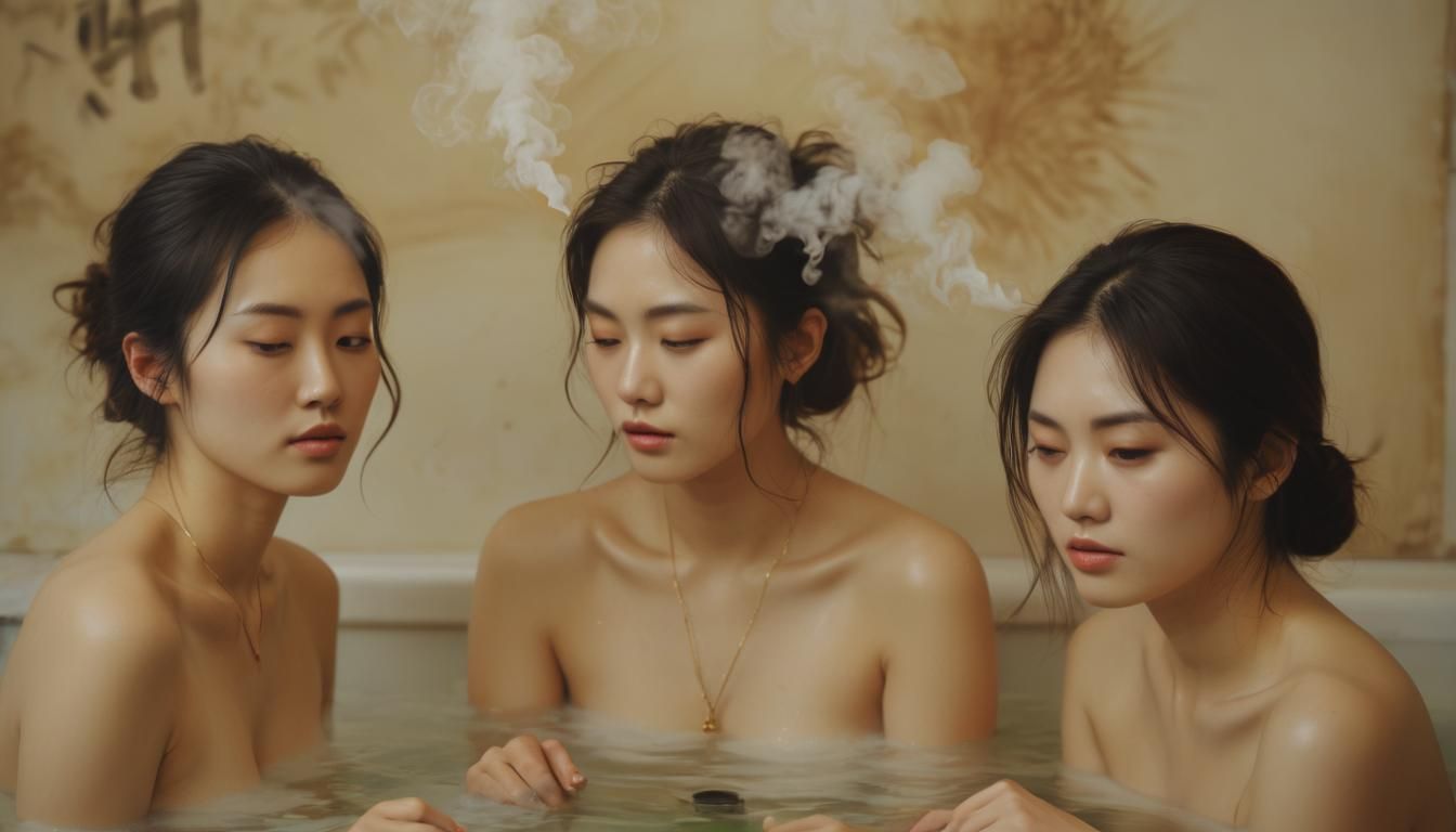 Japanese Women Bathing in Onsen, Yoshida Hiroshi Style