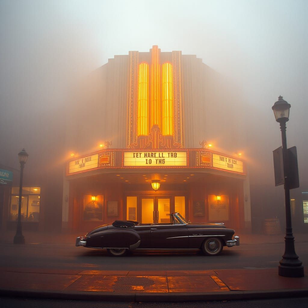 Ethereal Art Deco Movie Palace in Foggy Night