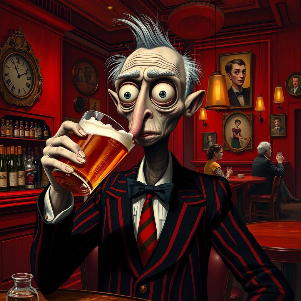 Eccentric Old Man Drinks Beer, Tim Burton Style