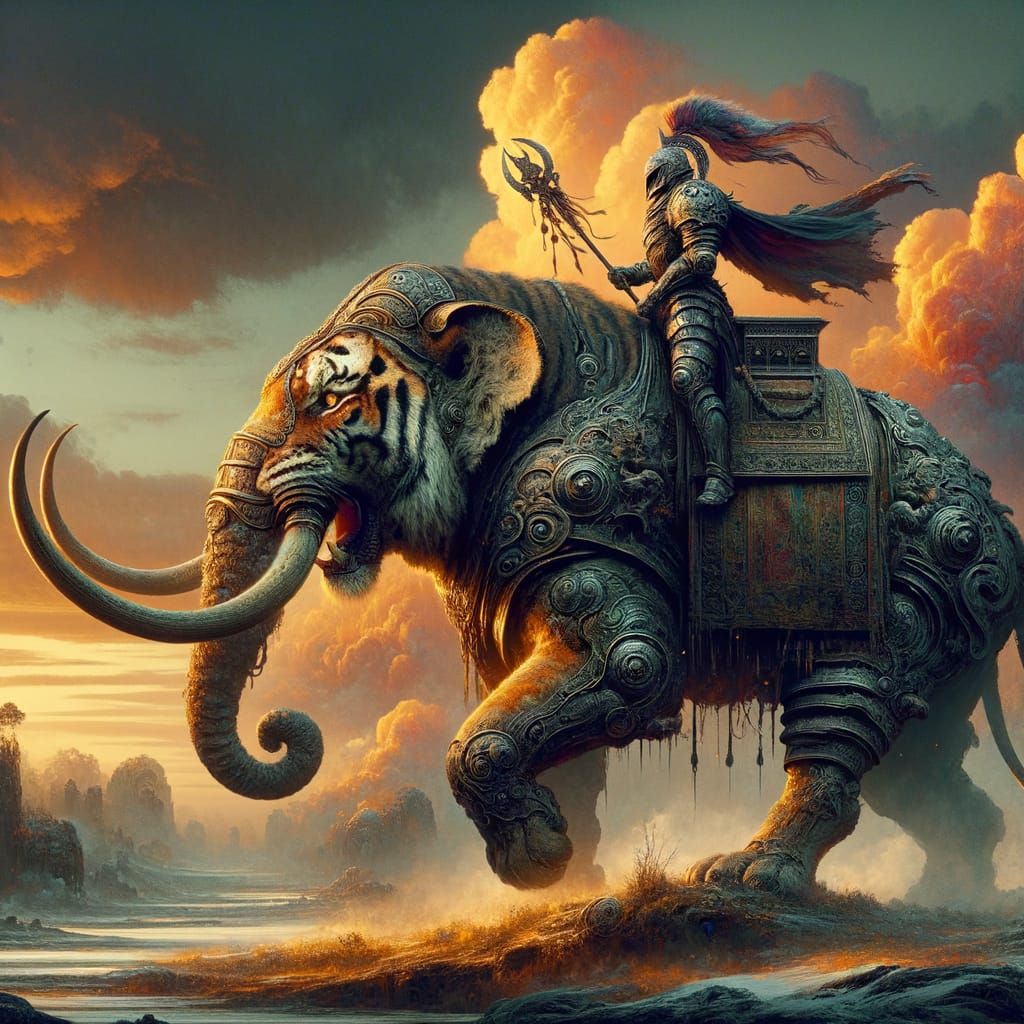 Triumphant Tiger on Armored Elephant in Fantasy Battle Scene...