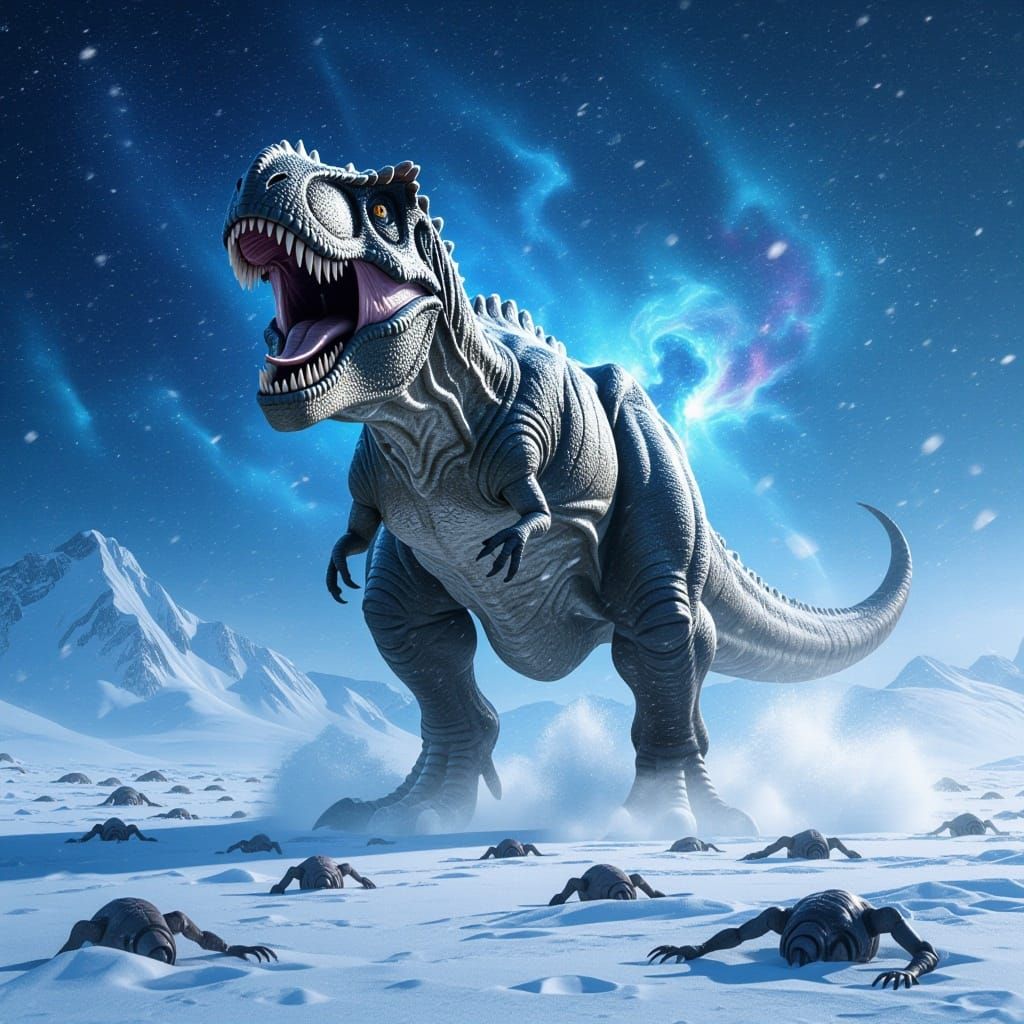 Giant T-Rex Roars Through Snowy Nebula in Hyperrealistic Art