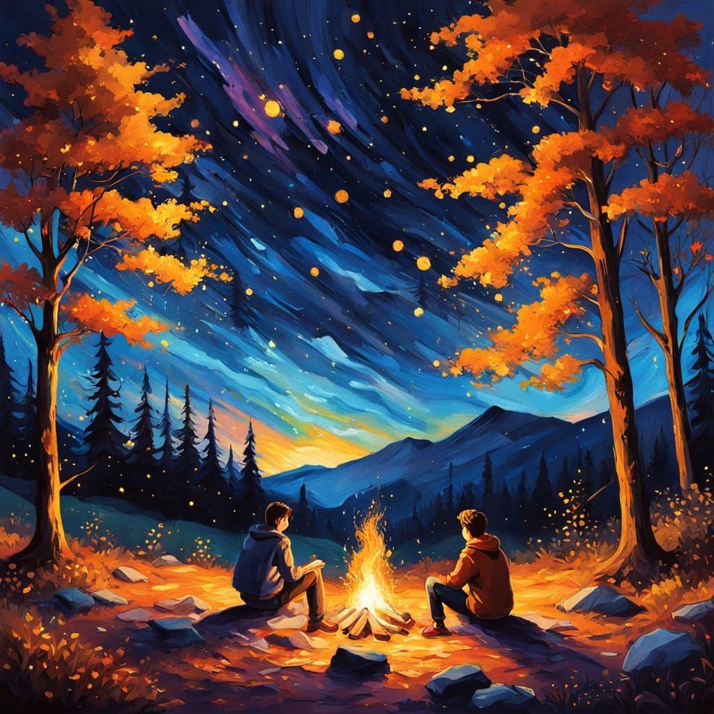 Warm Friendship Under Starry Skies in Vibrant Oil Painting