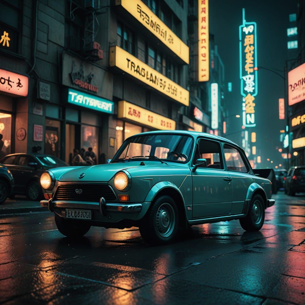 Modern Trabant Car in Retrofuturistic Cyberpunk Style