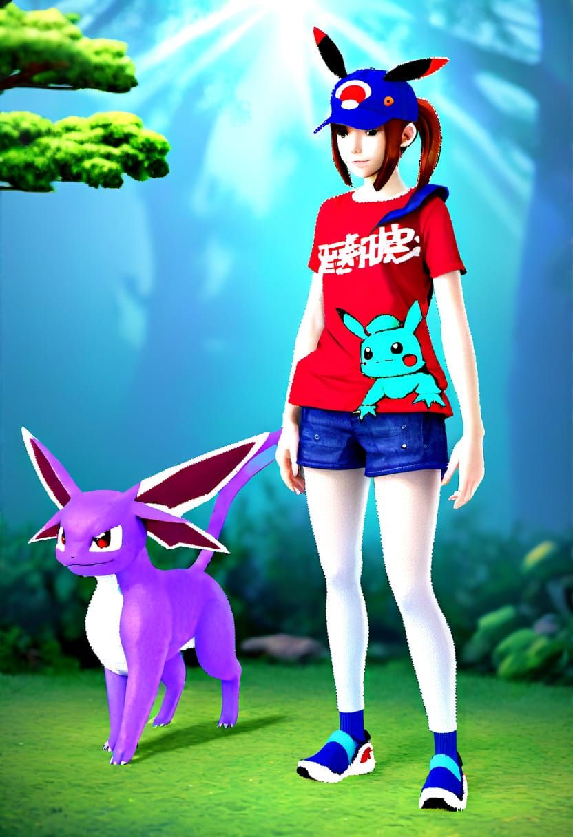 Pokémon Trainer and Pokémon Portrait in Realistic Photograph...