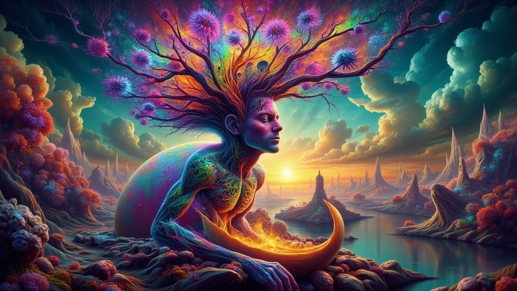 Hatching Figure on Floating Island in X-Ray Art