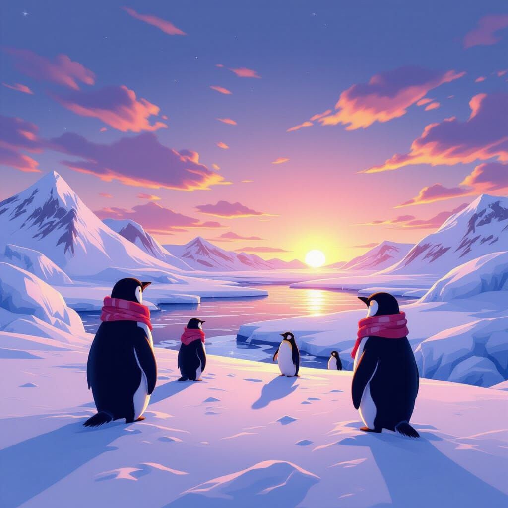 Arctic Penguins in Winter Attire at Sunset