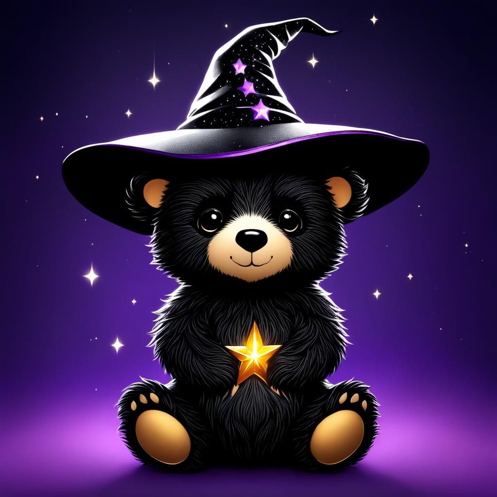 Adorable Baby Bear Witch with Magical Shimmers