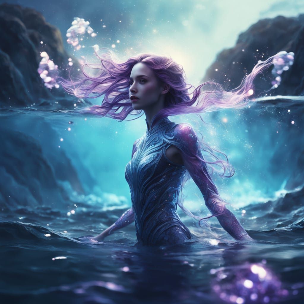 Bioluminescent Humanoid Emerges from Sea: Digital Art