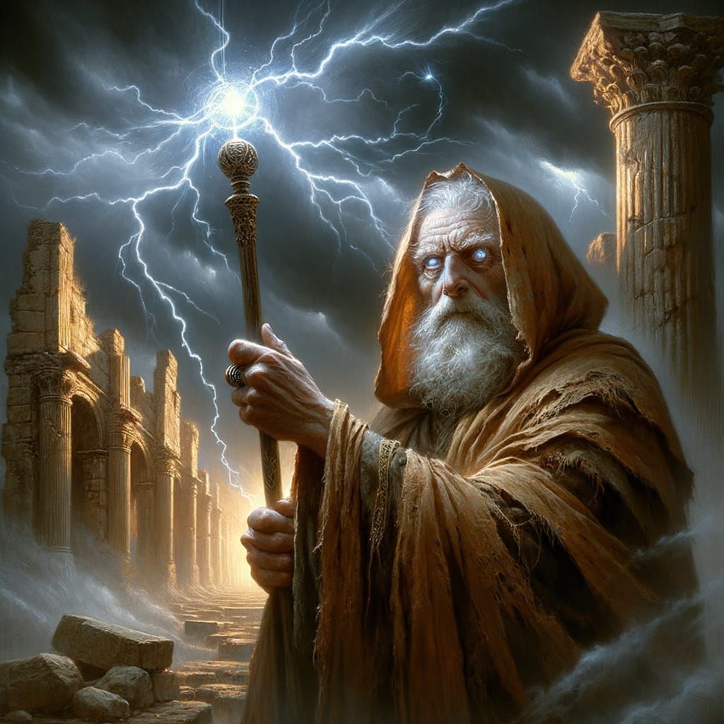 Elderly Mage With Arcane Staff Under Stormy Sky