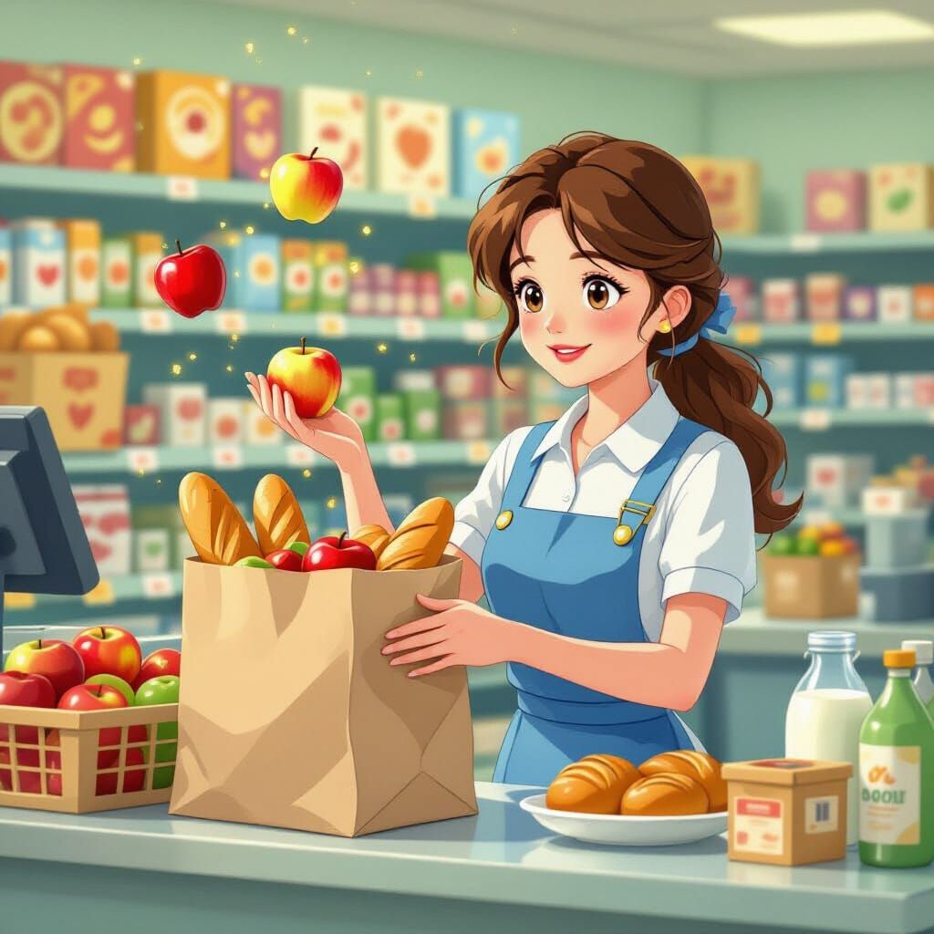 Magical Cashier Levitating Groceries in Pastel Animation Sty...
