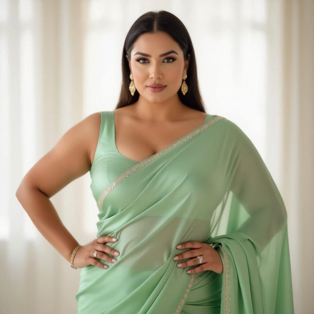 Confident Plus Size Woman in Green Saree, Editorial Portrait