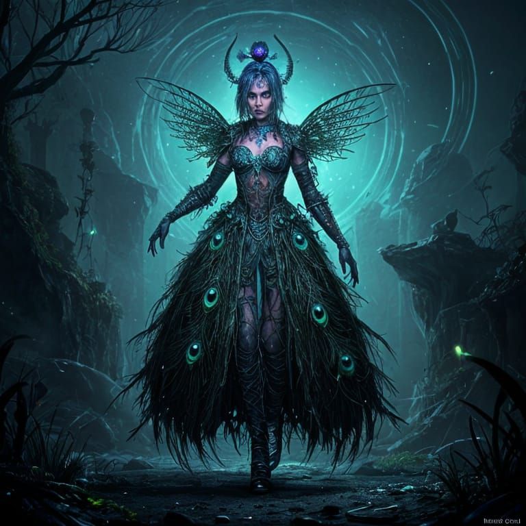 Biopunk Bioluminescent Dark Fantasy Peacock