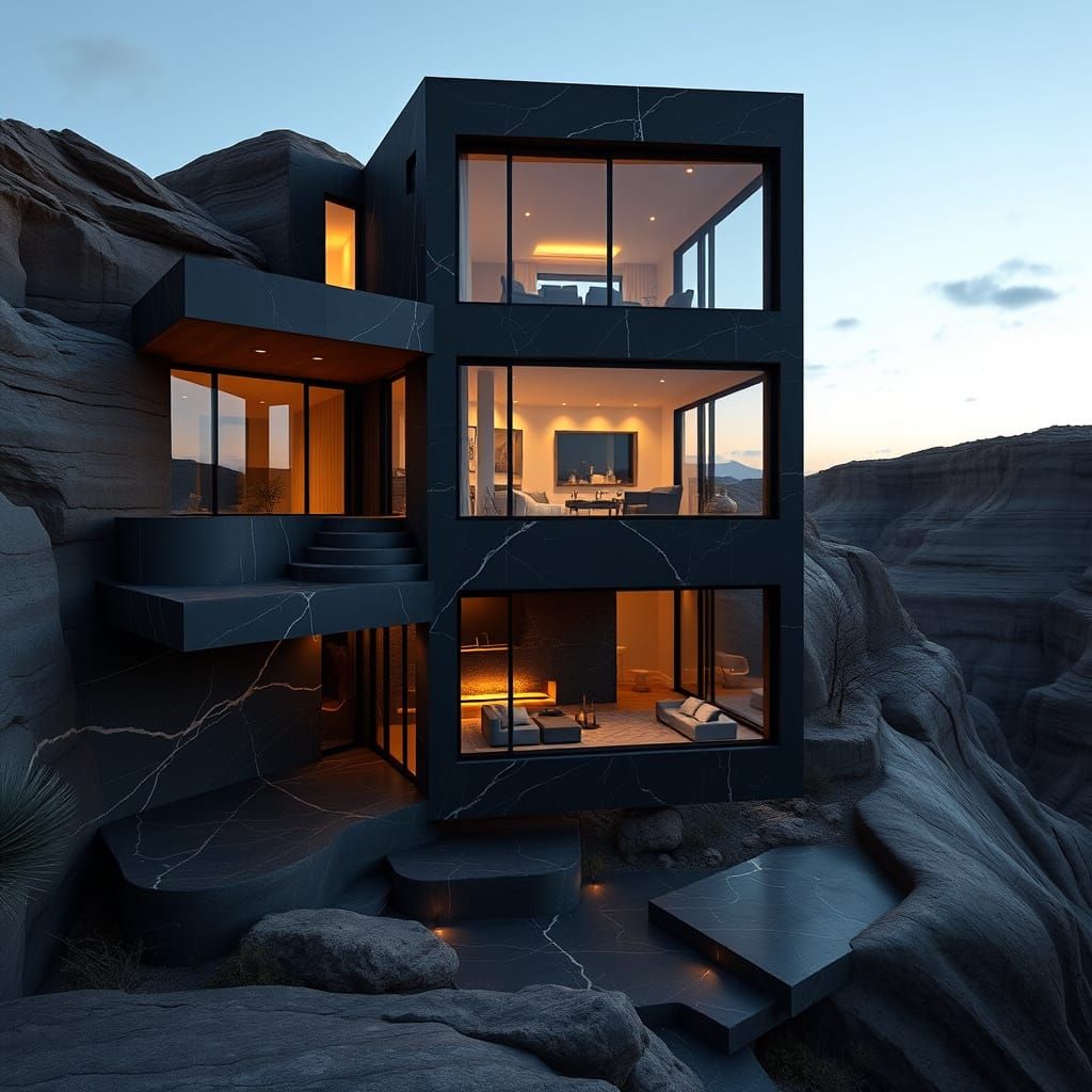 Surreal Modern Black Marble Mansion in Dark Slate Canyon Arr...