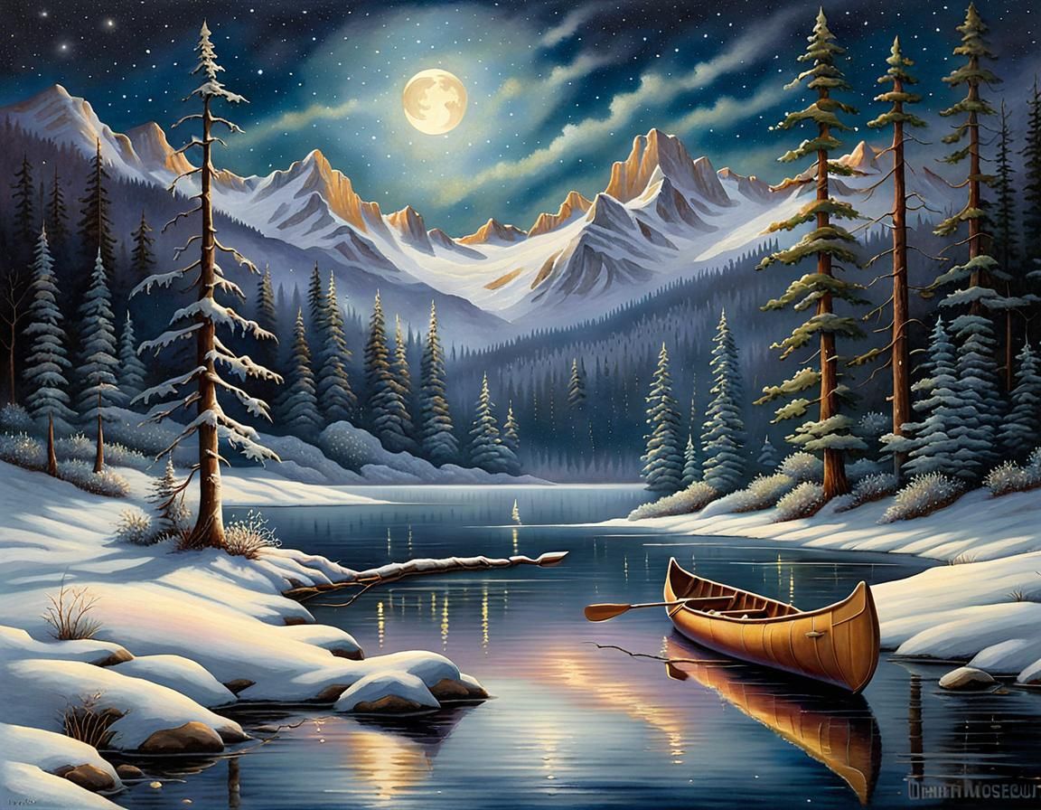 Moonlit Winter Lakeside Scene in Watercolor Style