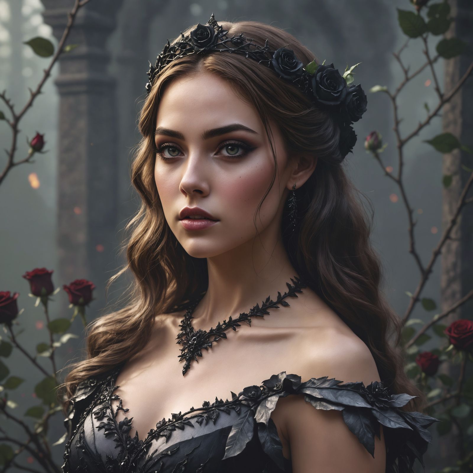Dark Fantasy Princess Portrait with Black Roses