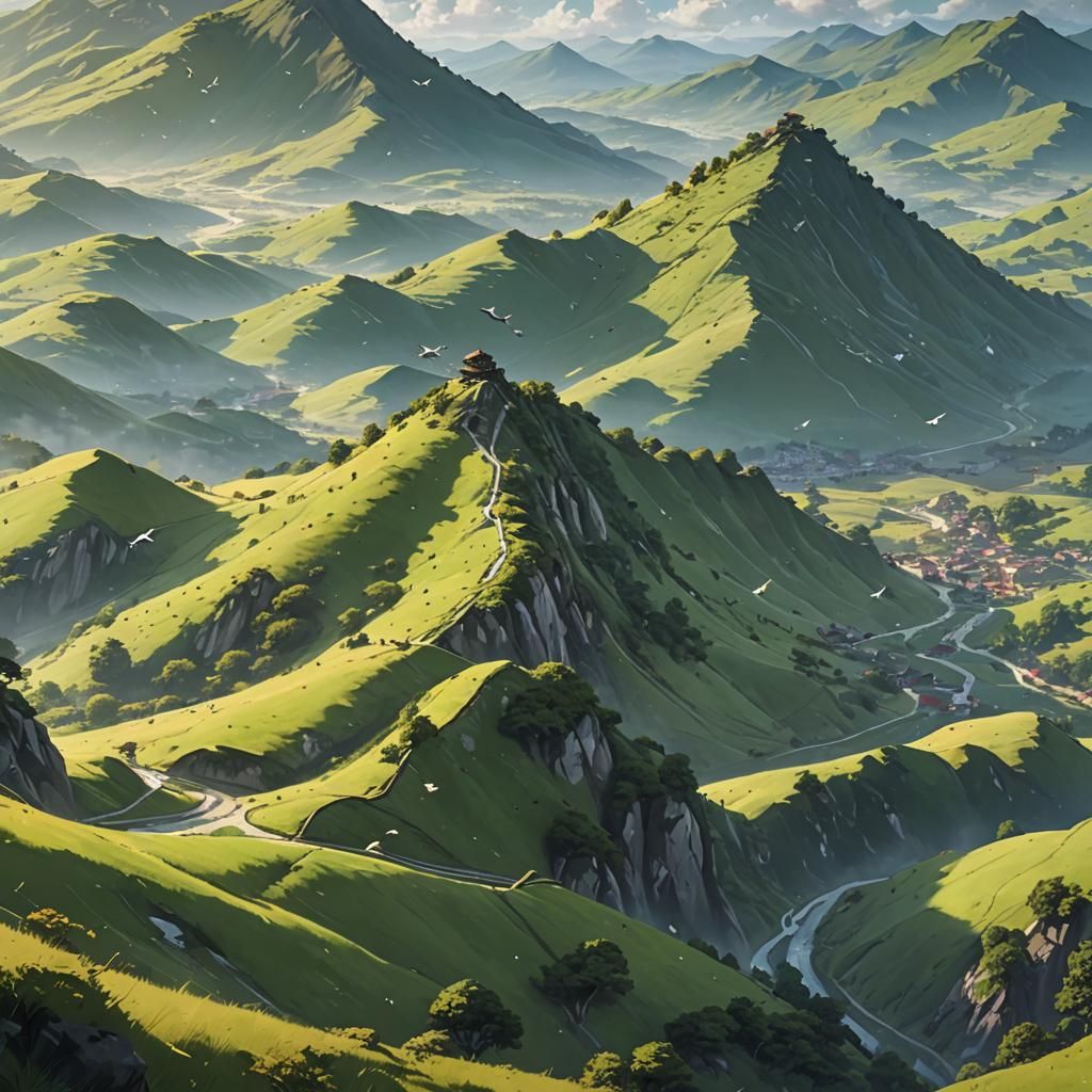 Anime Hills with Birds in Flight, 3D Render