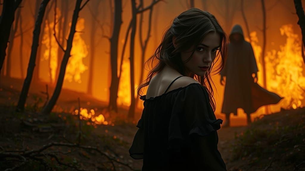 Mysterious Lady Amidst Fiery Forest in Dark, Romantic Fantas...