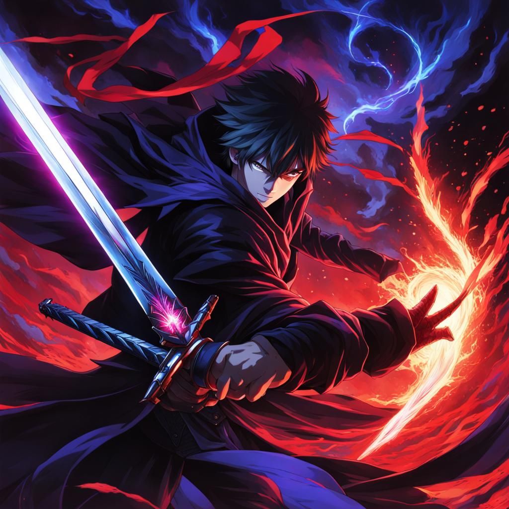 Swordsman vs Magma Mutant in Anime Style